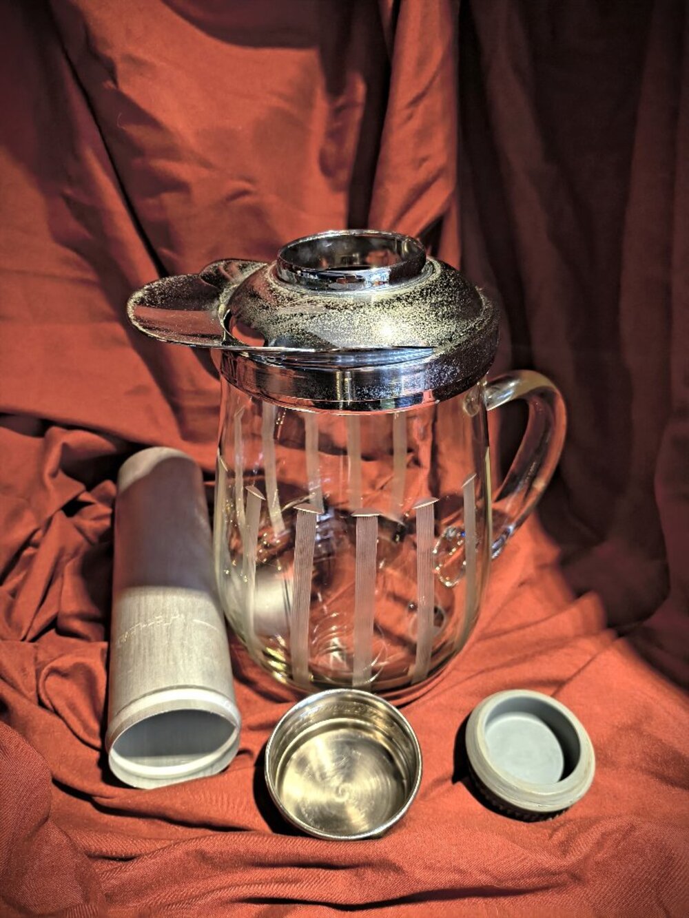Vintage mid-century 8.25" Gilley Chill-It Pitcher with chrome-plated lid & rim